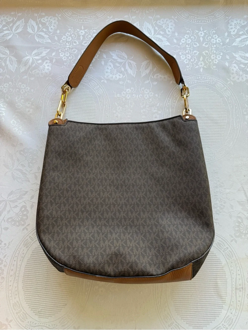 Michael Kors MK Brooke Brown Monogram Shoulder Hobo Bag with Gold-Tone Hardware